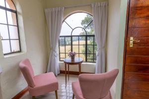 a room with two pink chairs and a window at Airport Tower Lodge in Kempton Park