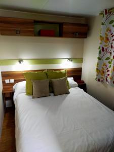 ein Schlafzimmer mit einem großen weißen Bett mit grünen Kissen in der Unterkunft FINCA VILLA ZAAR HOMES in Puerto Real + 37 Fotos