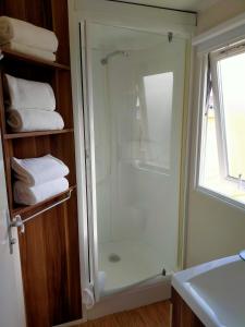 eine Dusche mit Glastür im Badezimmer in der Unterkunft FINCA VILLA ZAAR HOMES in Puerto Real