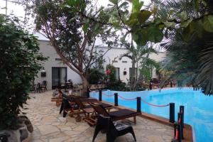 un complejo con piscina, sillas y árboles en Hotel Tropical, en Durbuy