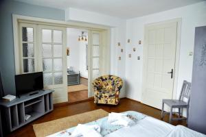 a bedroom with a bed and a chair and a television at Pensiunea Vila Silva II in Haţeg +26 photos