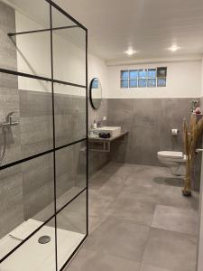 uma casa de banho com uma cabina de duche em vidro e um lavatório. em Ferienwohnung Klinkhammer em Ripsdorf