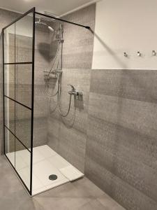 um chuveiro com uma caixa de vidro na casa de banho em Ferienwohnung Klinkhammer em Ripsdorf