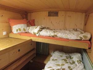 a bunk bed in a cabin with a dog laying on it at Bienenwagen der Naturheilpraxis Melchger in Wildberg