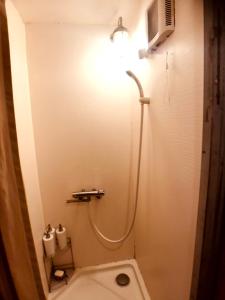 La salle de bains est pourvue de toilettes avec une lumière au-dessus. dans l'établissement Guesthouse Yadocurly, à Onomichi