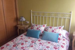 1 dormitorio con 1 cama con almohadas azules y rojas en El Descanso del Viajero, en Redondela