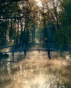 a body of water with a bridge and trees at Farm & Country House Gizewo 32 in Sorkwity