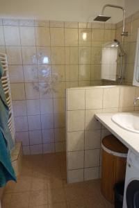 a bathroom with a shower and a sink and a mirror at Bungalow Baloo Ferienhaus in Sankt Johann in Tirol