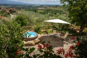 a backyard with a hot tub and an umbrella at al Poderuzzo in Castelnuovo deʼ Sabbioni