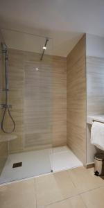 a shower with a glass door in a bathroom at Kyriad Combs-La-Ville - Senart in Combs-la-Ville