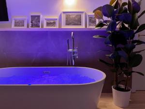 Baño azul con bañera y maceta en Le Coq Suites, en Roma