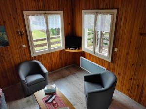 a living room with two chairs and a tv and two windows at Le chalet de Rothenbuhl in Dabo