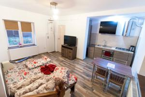 pequeña sala de estar con cama y cocina en Lucky House en Braşov