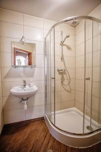 a bathroom with a shower and a sink at Guest House "Arkhistratyg" in Lviv