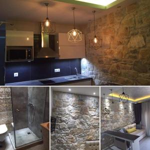 two pictures of a kitchen with a stone wall at Colibri Luxury Apartments in Hanioti