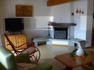 een woonkamer met een open haard en een televisie bij La Mansarda di nonna Delfa in Pinzolo