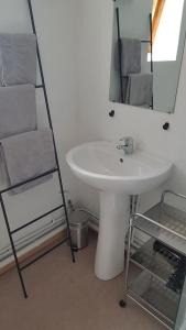 uma casa de banho com um lavatório branco e um espelho. em Appartement Dunkerque Centre 4 personnes - Parking gratuit- em Dunkerque