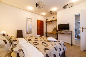 a bedroom with a large bed and a television at BEIGLI Hotel & Garden in Bratislava