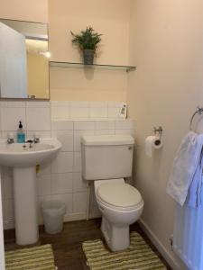 ein Badezimmer mit Toilette und Waschbecken in der Unterkunft Cosy Corner House in Kettering