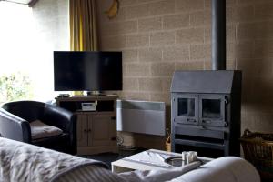 ein Wohnzimmer mit Kamin und Fernseher in der Unterkunft Le Vieux Sart 32 Coo in Stavelot