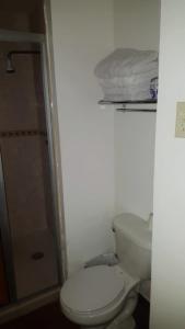 La salle de bains blanche est pourvue d'une douche et de toilettes. dans l'établissement Hotel Centric Chihuahua, à Chihuahua