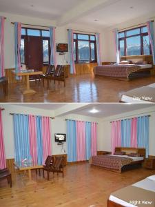 duas fotografias de um quarto com camas e mesas em Vamoose Vijay Mount View em Munsyari