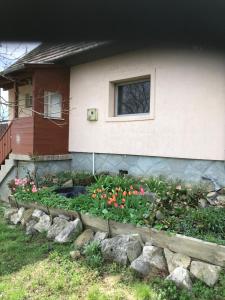 un macizo de flores delante de una casa en Siposréti Apartmanház, en Szentgyörgyvár