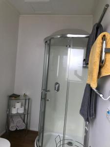 a shower stall in a bathroom with a towel at Fitzroy Gem in New Plymouth