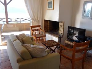 ein Wohnzimmer mit Couch und Kamin in der Unterkunft Villas Valinco Capicciolo vue-proche mer-piscines in Olmeto