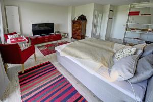 uma sala de estar com uma cama grande e uma televisão em fewo1846 - FlensView - komfortables Studioapartment mit Balkon und Hafenblick em Flensburg
