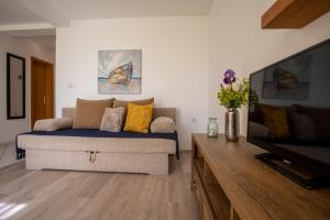 un soggiorno con divano e TV a schermo piatto di Apartment Magic Garden a Baška