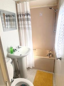 a bathroom with a sink and a toilet and a shower at Tessas caravan breaks in Chapel Saint Leonards