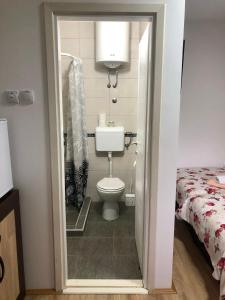 a bathroom with a toilet and a bed at Prenoćište Vojkić in Sombor +45 photos