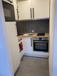 a small kitchen with a sink and a stove at Wanderlust Apartment Baden-Baden in Baden-Baden