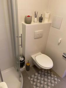 a small bathroom with a toilet and a shower at Wanderlust Apartment Baden-Baden in Baden-Baden +18 photos