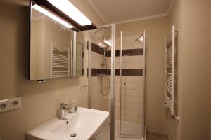 a bathroom with a sink and a shower at Villa Seeluft - by Rujana in Ostseebad Sellin
