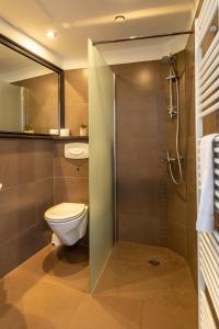 a bathroom with a toilet and a glass shower stall at Stadshotel Doesburg in Doesburg