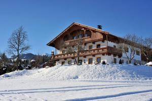 una casa en la cima de una colina nevada en Pension Leamhof, en Hopfgarten im Brixental