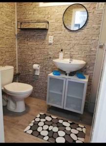a bathroom with a sink and a toilet and a mirror at Cozy chalet in Opmeer near Amsterdam and Beach in Opmeer