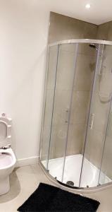 eine Duschkabine im Bad mit WC in der Unterkunft Sleeps 6 Centre of Portrush, Main street, Coastal Links in Portrush + 12 Fotos