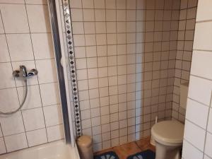ein Bad mit einer Dusche und einem WC in der Unterkunft Moritz - Ferienhaus östlich der Dorfstraße in Grieben Insel Hiddensee in Grieben