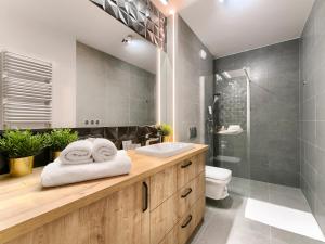 ein Bad mit einem Waschbecken, einem WC und einer Dusche in der Unterkunft Apartament Bóżnicza in Posen
