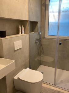 a bathroom with a shower and a toilet and a sink at ZEITraum1 Gummersbach in Gummersbach