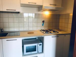a kitchen with a stove and a microwave at Appartamento Renata in Grado
