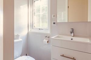 a white bathroom with a toilet and a sink at Chaletpark Kroondomein Giethoorn in Giethoorn +45 photos
