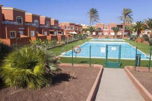 コラレホにあるAnju Villas Casa Juanのヤシの木と家があるリゾートのスイミングプールを利用できます。