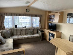 a living room with a couch and a tv at 3 bedroom 8 berth standard caravans with Hot Tub,Mountain Bikes in Tattershall