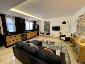 マルベーリャにあるPUERTO BANUS Apartamento COCÓのリビングルーム(ソファ付)、キッチン
