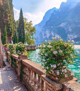 a stone wall next to a body of water with flowers at Green relax apartment - Holiday Home Garda Trentino in Riva del Garda