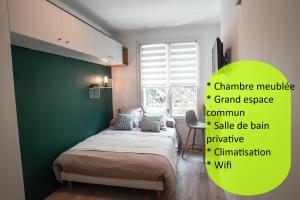 a bedroom with a bed with a green wall at Le joyau de Belledonne in Chambéry